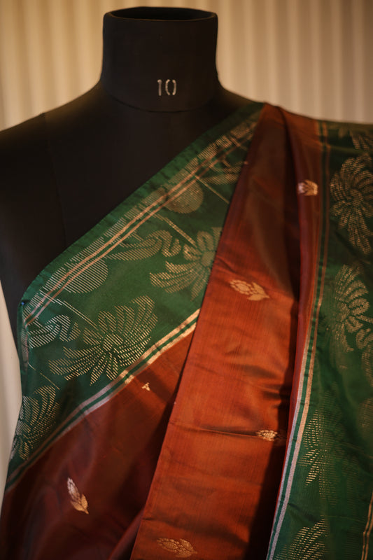 Rust Brown and Green Kanjeevaram Silk Saree with Zari Weave