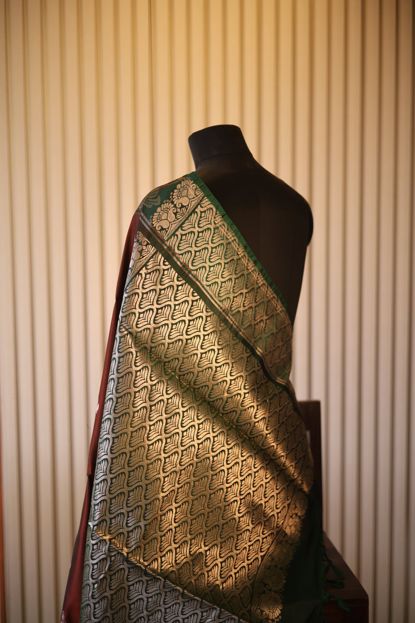 Rust Brown and Green Kanjeevaram Silk Saree with Zari Weave