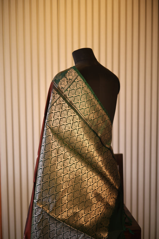 Rust Brown and Green Kanjeevaram Silk Saree with Zari Weave