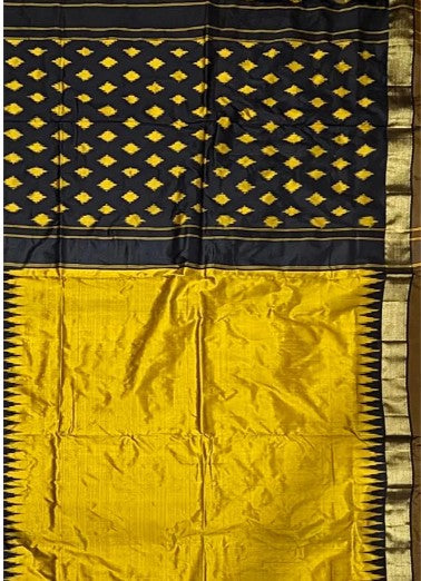 Golden Yellow & Black Temple Border Ikkat Silk Saree