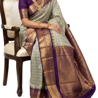 Silver-Grey Checkered Gadwal Silk Saree with Deep Purple Border