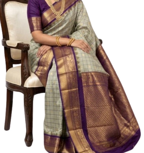 Silver-Grey Checkered Gadwal Silk Saree with Deep Purple Border