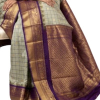 Silver-Grey Checkered Gadwal Silk Saree with Deep Purple Border