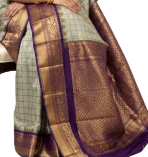 Silver-Grey Checkered Gadwal Silk Saree with Deep Purple Border