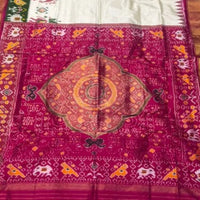 Pure Handloom Ikkat Silk Saree in Cream & Magenta