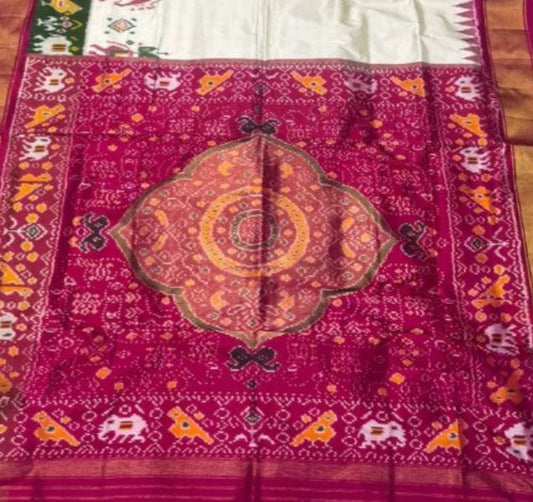 Pure Handloom Ikkat Silk Saree in Cream & Magenta