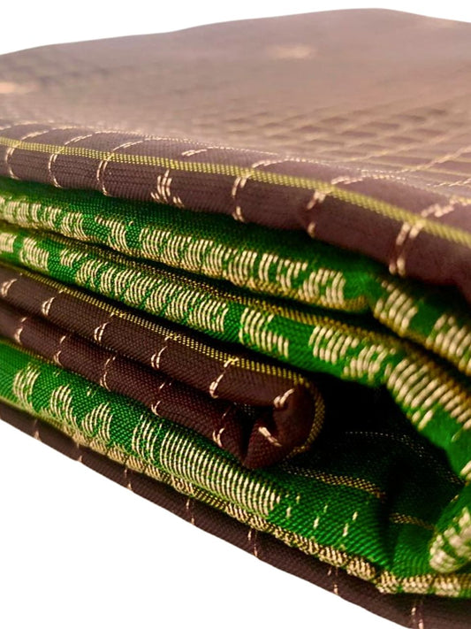 Brown and Green Kanjeevaram Silk Saree with Gold Zari Checks