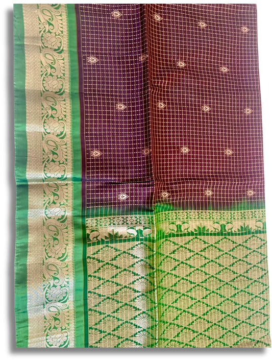 Brown and Green Kanjeevaram Silk Saree with Gold Zari Checks