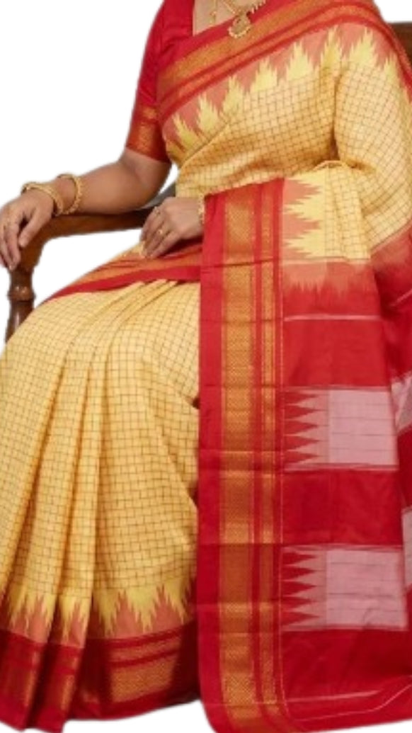 Radiant Gadwal Silk Saree in Golden Yellow and Crimson Red