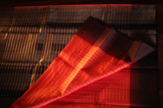 Vintage Kanjeevaram Silk Saree with Orange & Deep Coffee Brown Border