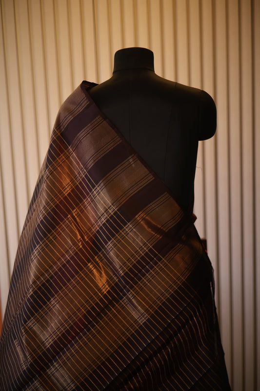 Vintage Kanjeevaram Silk Saree with Orange & Deep Coffee Brown Border