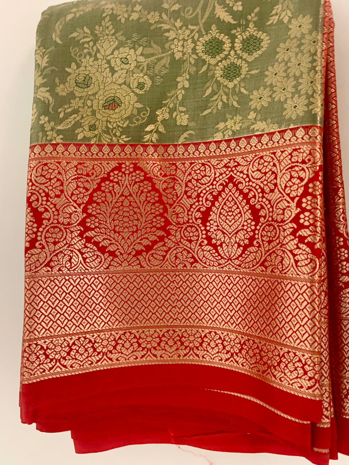 Olive Green and Red Kanjeevaram Silk Saree