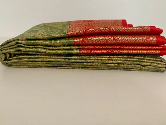Olive Green and Red Kanjeevaram Silk Saree