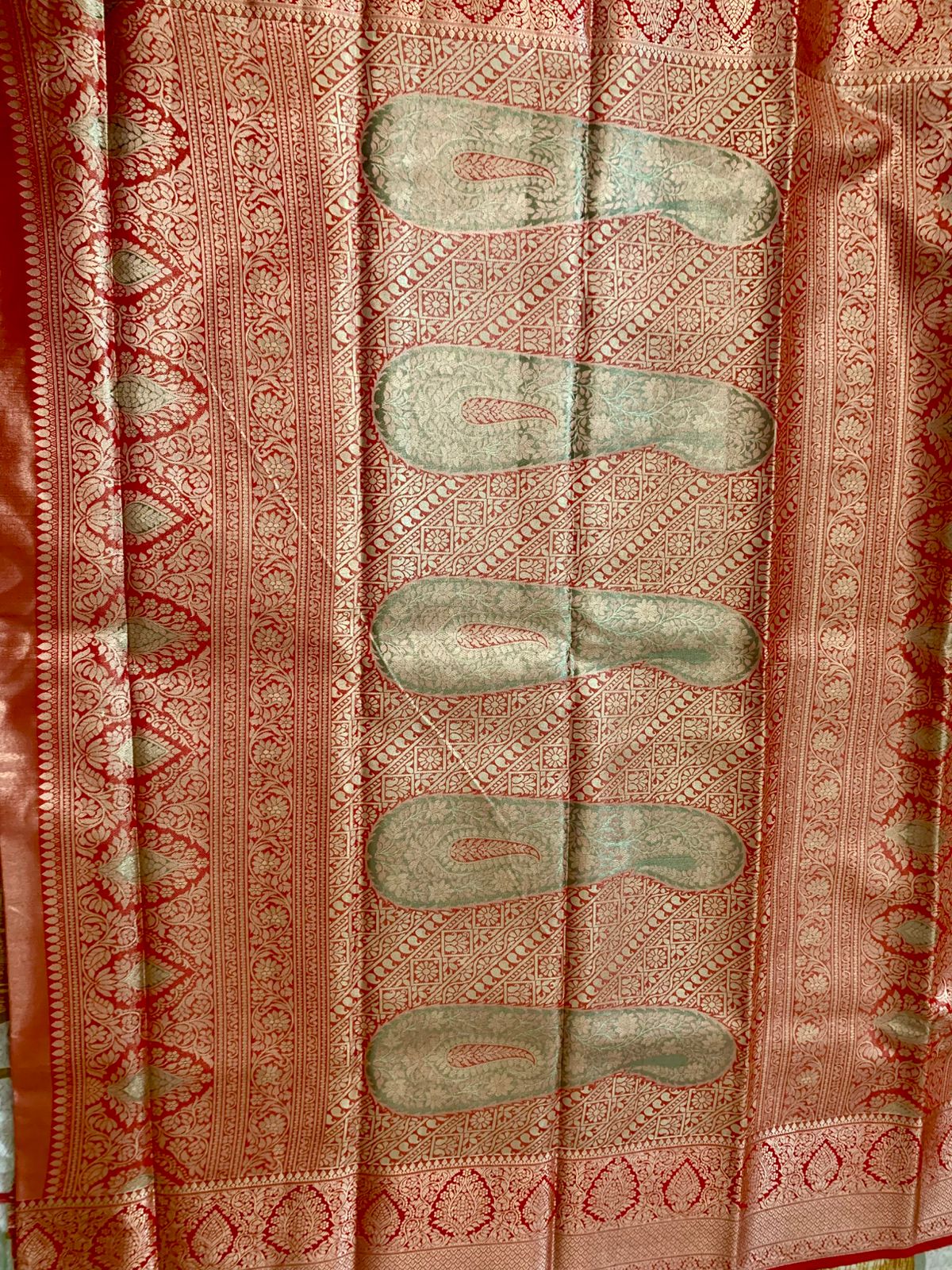 Olive Green and Red Kanjeevaram Silk Saree
