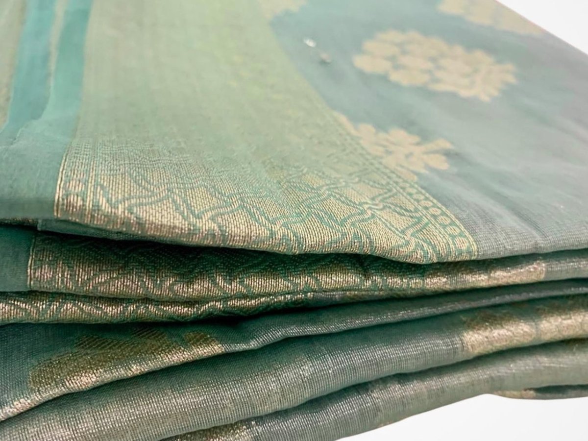 Aqua Blue Semi Banaras Saree - GET ESSENTIAL