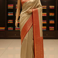 BEIGE AND RED KANJEEVARAM SILK SAREE - GET ESSENTIAL