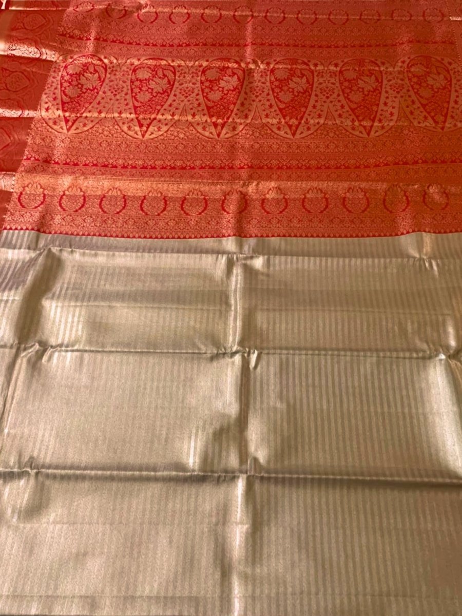BEIGE AND RED KANJEEVARAM SILK SAREE - GET ESSENTIAL