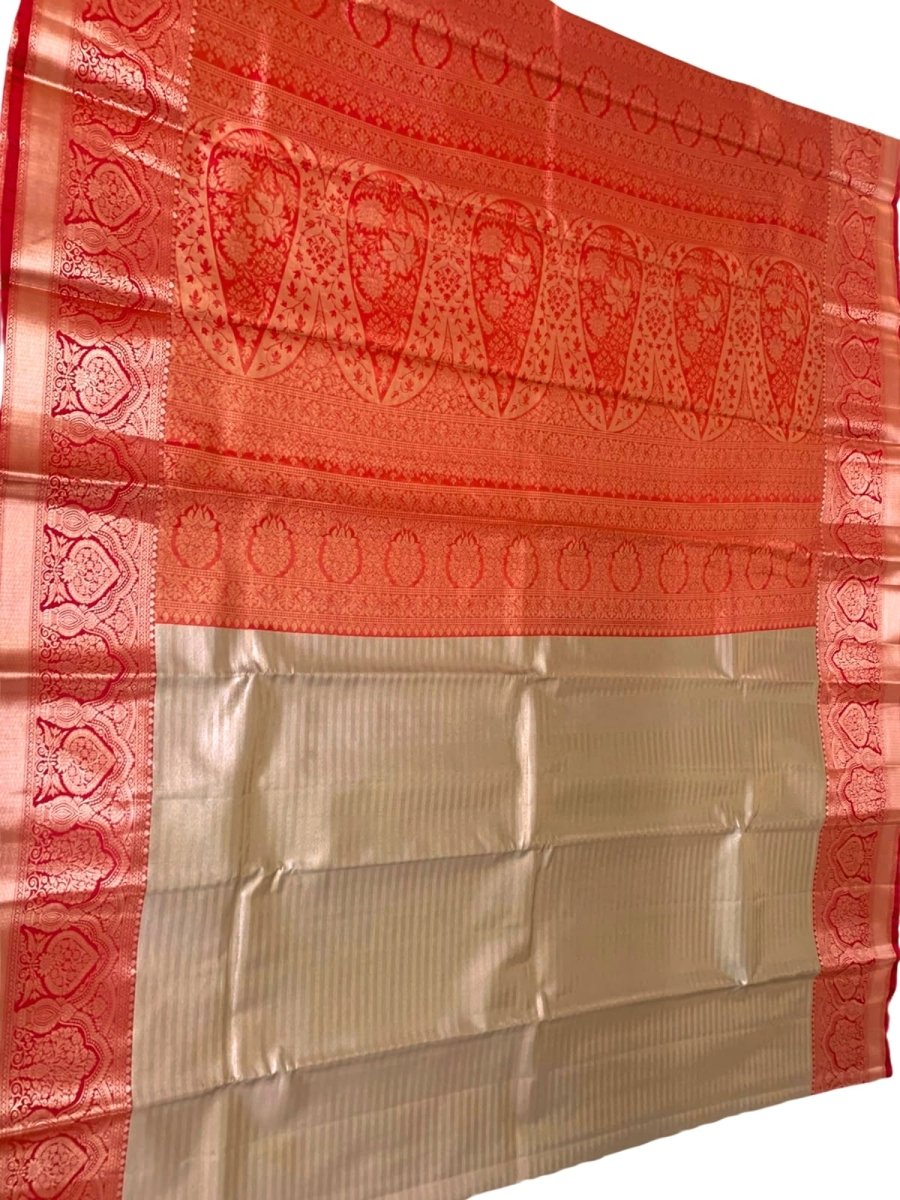 BEIGE AND RED KANJEEVARAM SILK SAREE - GET ESSENTIAL