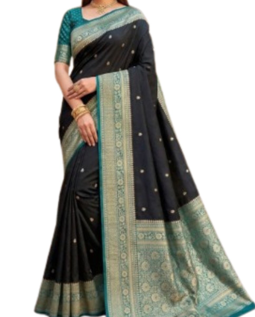 Black & Teal Soft Banarasi Silk Saree - GET ESSENTIAL