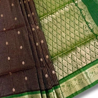 Brown and Green Kanjeevaram Silk Saree with Gold Zari Checks - GET ESSENTIAL