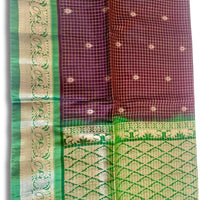 Brown and Green Kanjeevaram Silk Saree with Gold Zari Checks - GET ESSENTIAL