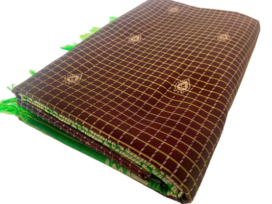 Brown and Green Kanjeevaram Silk Saree with Gold Zari Checks - GET ESSENTIAL