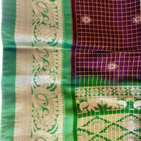 Brown and Green Kanjeevaram Silk Saree with Gold Zari Checks - GET ESSENTIAL