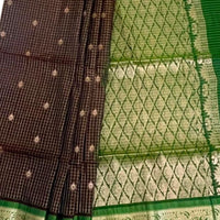 Brown and Green Kanjeevaram Silk Saree with Gold Zari Checks - GET ESSENTIAL