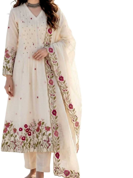 CHANDERI SILK EMBROIDERED KURTI SET