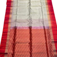 Classic Cream & Red Zari Striped Soft Silk Saree - GET ESSENTIAL