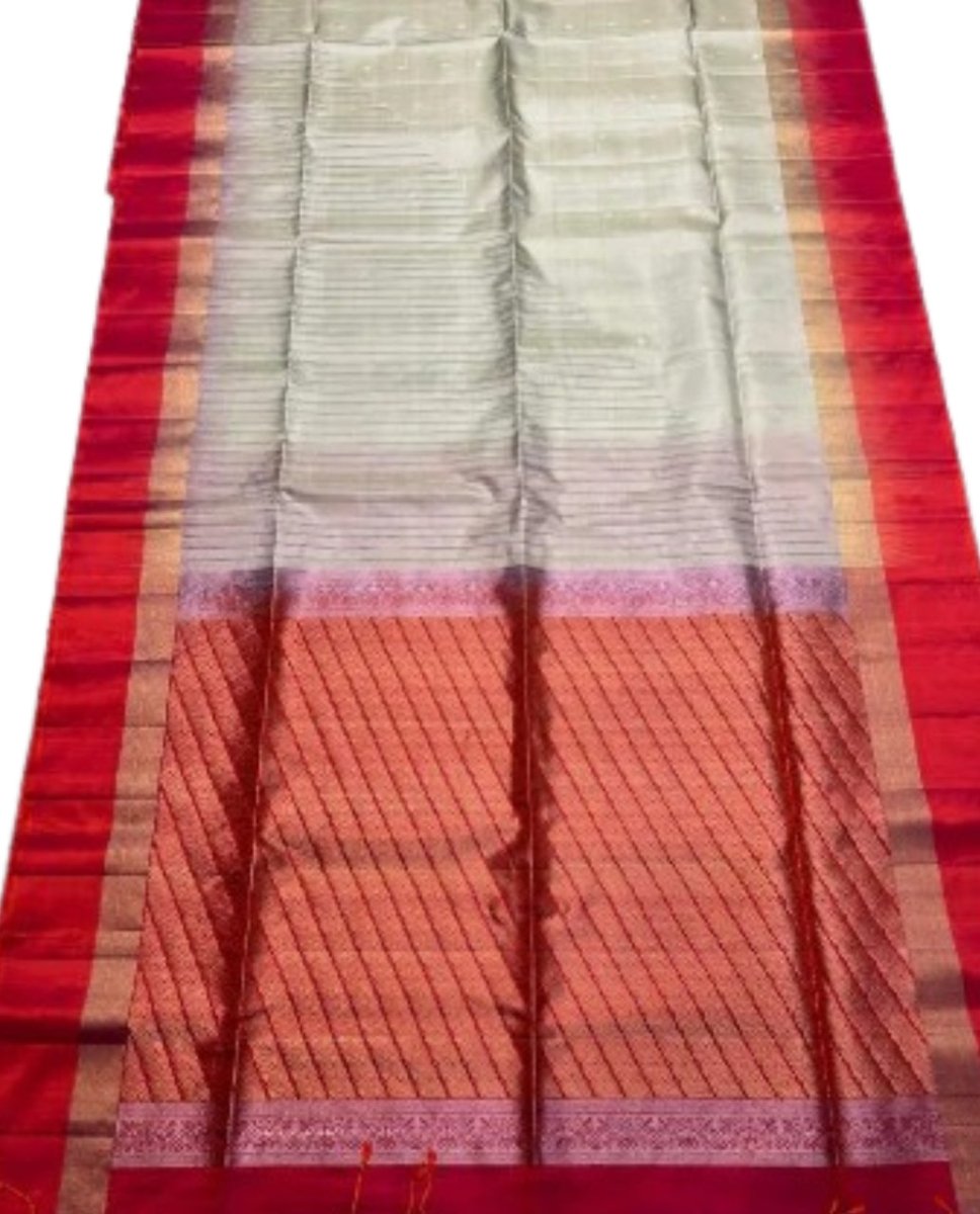 Classic Cream & Red Zari Striped Soft Silk Saree - GET ESSENTIAL