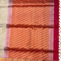 Classic Cream & Red Zari Striped Soft Silk Saree - GET ESSENTIAL