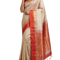 Classic Cream & Red Zari Striped Soft Silk Saree - GET ESSENTIAL