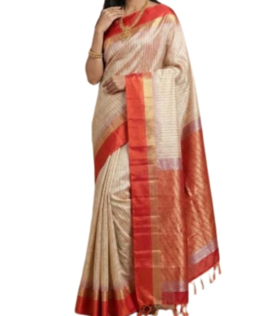 Classic Cream & Red Zari Striped Soft Silk Saree - GET ESSENTIAL