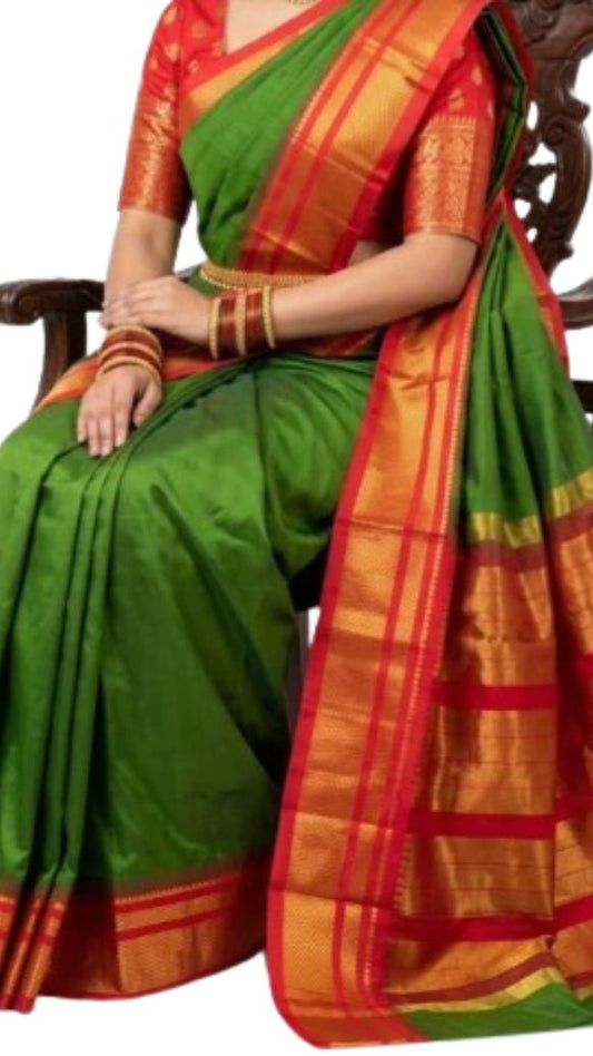 Classic Emerald Green & Red Gadwal Silk Saree with Gold Zari - GET ESSENTIAL