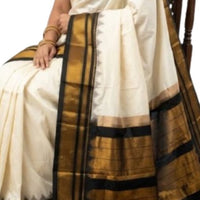 Elegant Off-White Pure Gadwal Silk Saree with Black Zari Border - GET ESSENTIAL