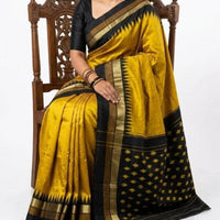 Golden Yellow & Black Temple Border Ikkat Silk Saree - GET ESSENTIAL