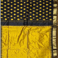 Golden Yellow & Black Temple Border Ikkat Silk Saree - GET ESSENTIAL