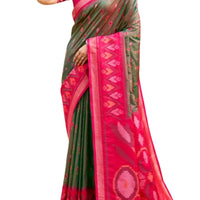 Olive Green and pink Soft Silk Designer Pochampalli Saree - GET ESSENTIAL