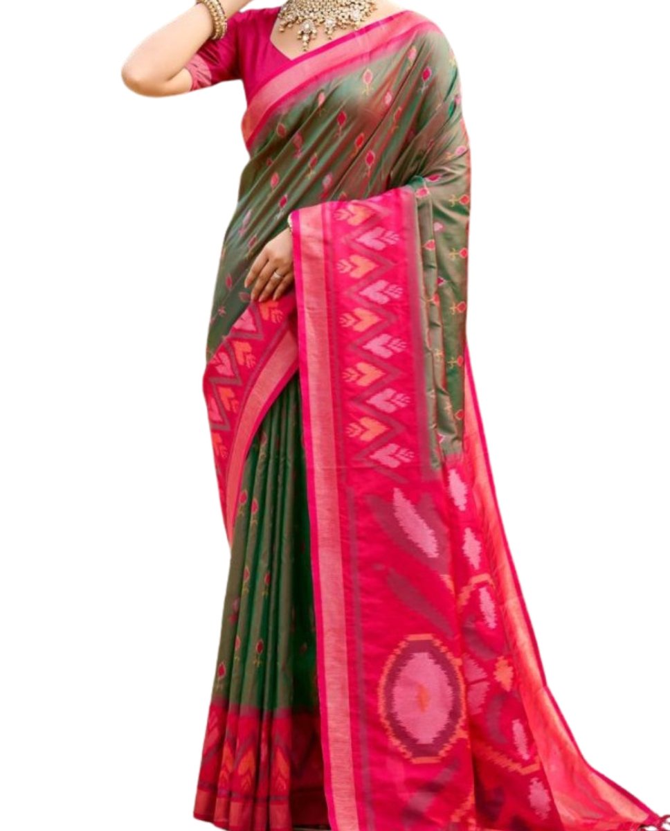 Olive Green and pink Soft Silk Designer Pochampalli Saree - GET ESSENTIAL