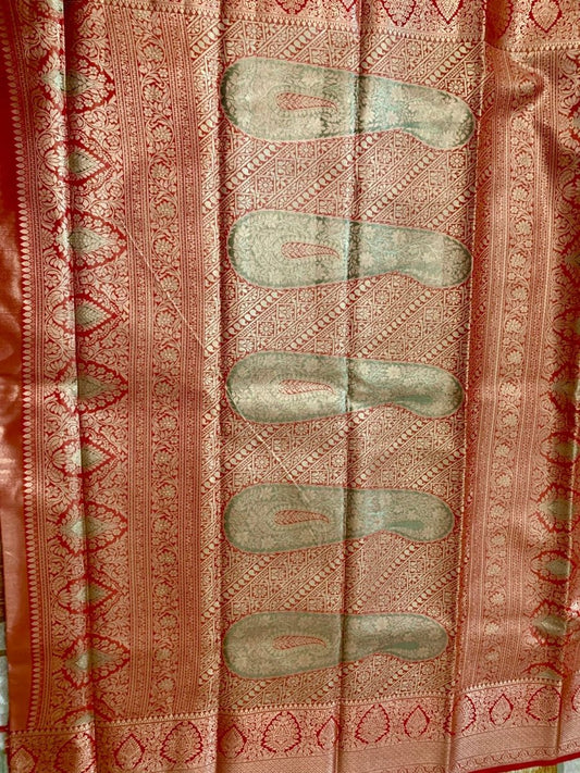 Olive Green and Red Kanjeevaram Silk Saree - GET ESSENTIAL