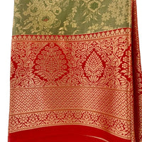 Olive Green and Red Kanjeevaram Silk Saree - GET ESSENTIAL