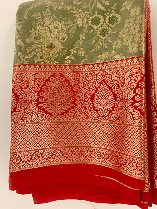 Olive Green and Red Kanjeevaram Silk Saree - GET ESSENTIAL