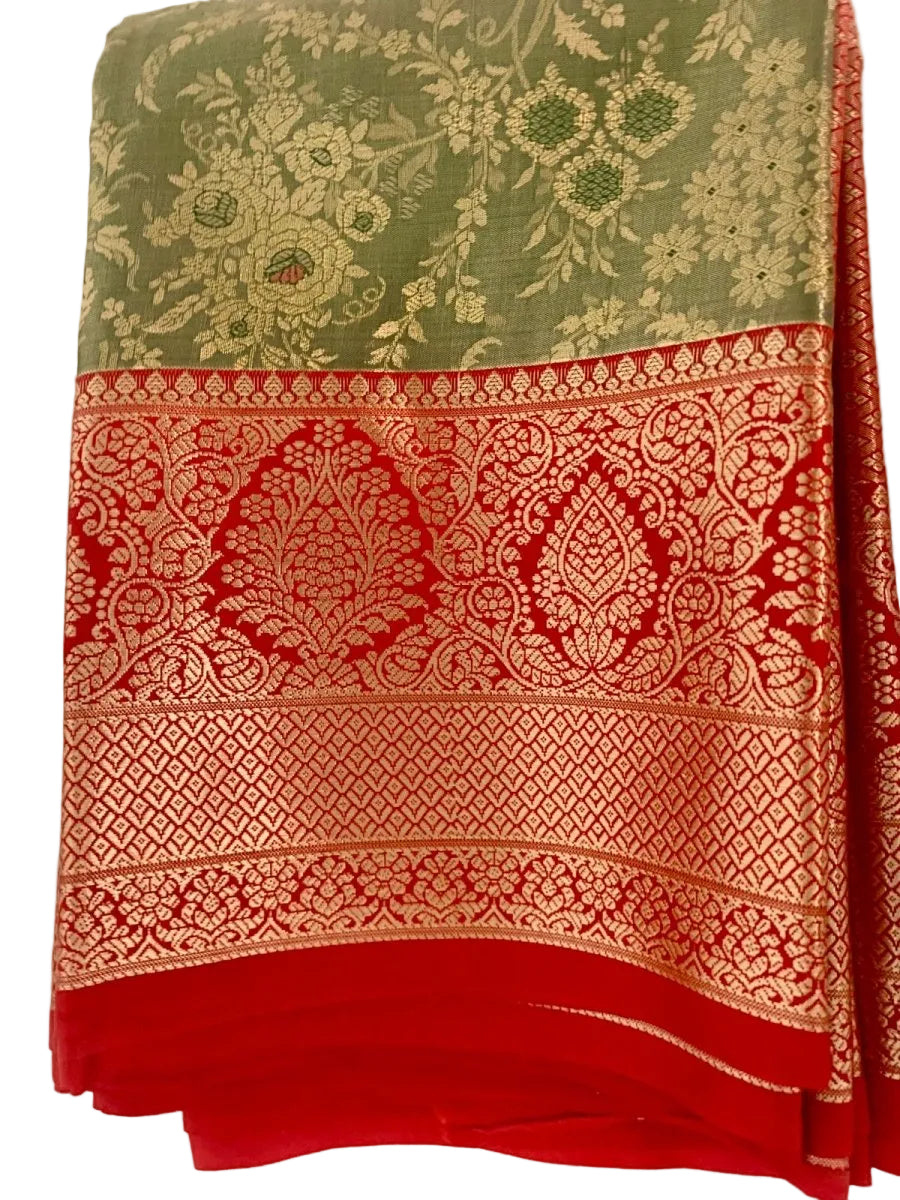 Olive Green and Red Kanjeevaram Silk Saree - GET ESSENTIAL