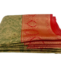 Olive Green and Red Kanjeevaram Silk Saree - GET ESSENTIAL