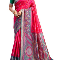 Pink and Emerald Green Soft Silk Designer Pochampalli Saree - GET ESSENTIAL