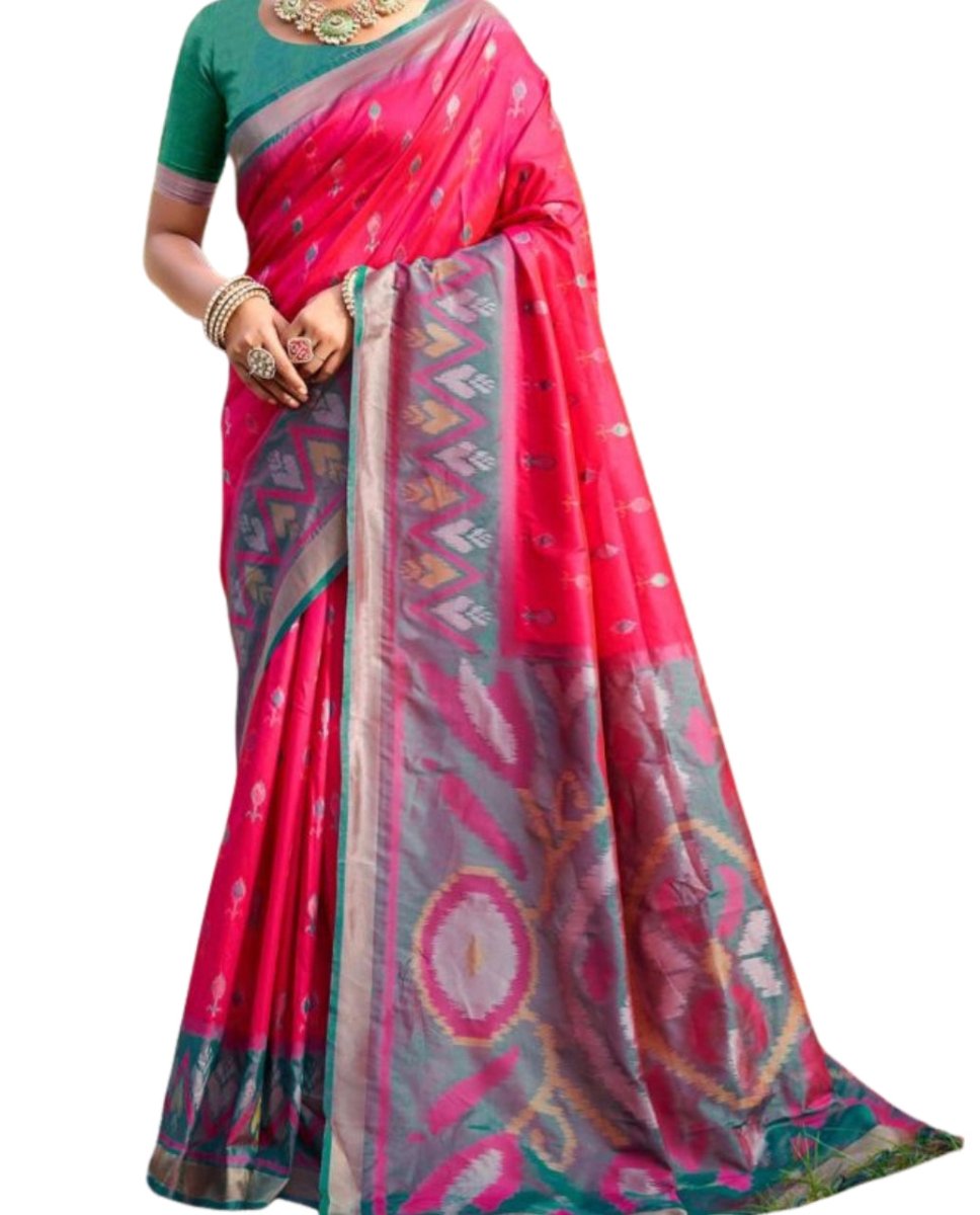 Pink and Emerald Green Soft Silk Designer Pochampalli Saree - GET ESSENTIAL