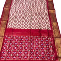 Red and Cream Pure Ikat Silk Saree with Rich Gold Zari Border - GET ESSENTIAL