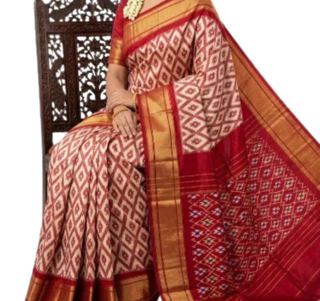 Red and Cream Pure Ikat Silk Saree with Rich Gold Zari Border - GET ESSENTIAL