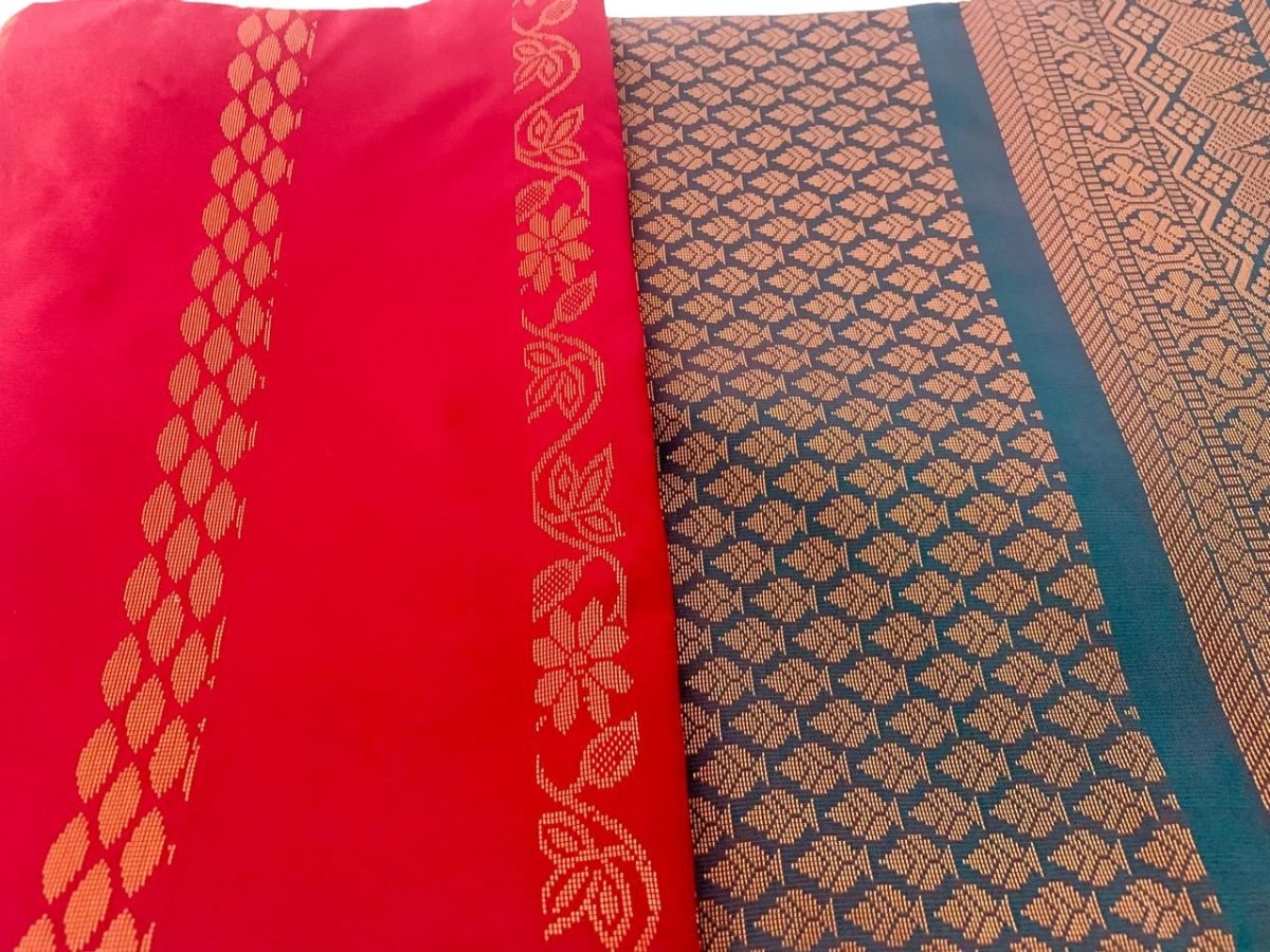 Red Soft Silk Saree with Blue Border - GET ESSENTIAL